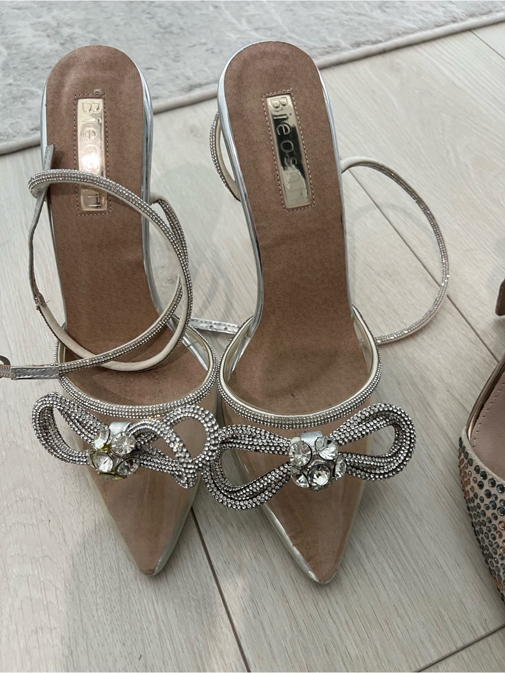 Silver Rhinestone Bow Pointed-Toe Slingback Heels